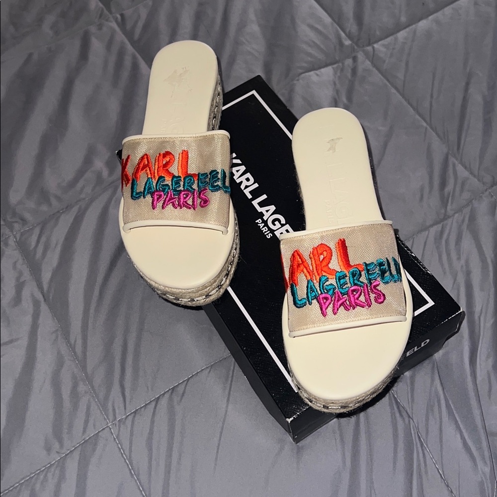 Karl Lagerfeld Beige Slides with Vibrant Embroidery